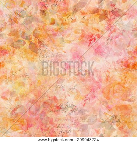 Toned seamless pattern with faded watercolor drawings of rose flowers and butterflies, leaves and branches, hand painted in the style of vintage botanical art, with faded old texts and scraps of paper