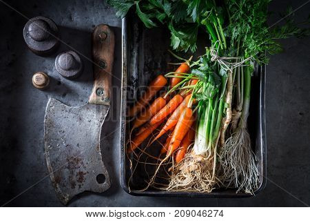 Ingredients For Roasted Tasty Vegetbales Made Of Vegetables And Thyme