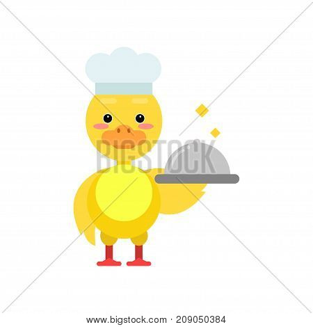 Funny little yellow duckling chef holding silver cloche cartoon character vector illustration isolated on a white background