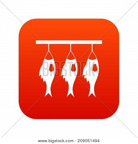 Three dried fish hanging on a rope icon digital red for any design isolated on white vector illustration