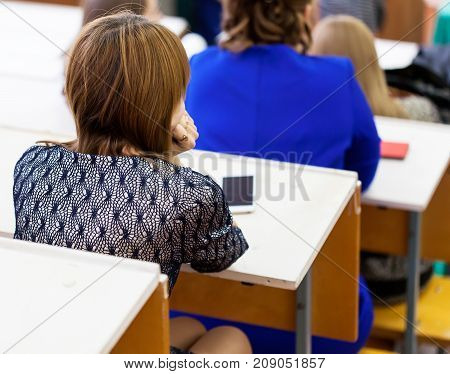 RUSSIA, ORYOL - 29 SEPT 2017: Students girl sitting at the lecture in Orel State University