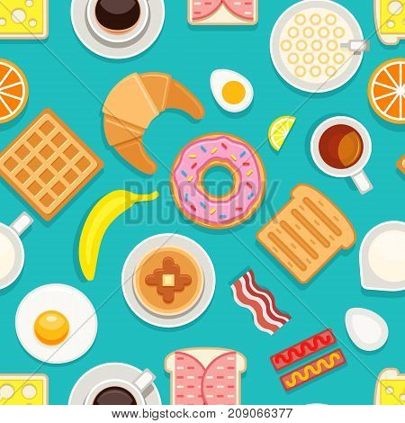 Breakfast seamless texture. Different meals and drinks colored on blue background. Vector cartoon style illustration breakfast food, coffee drink and dessert cake