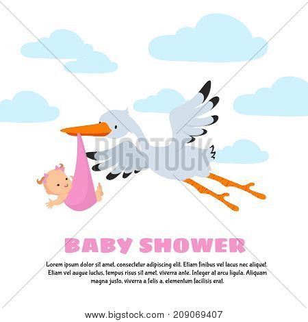 Baby shower vector background with stork carrying infant. Stork and baby, newborn infant illustration