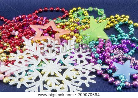 Christmas Fon. Postcard For Christmas With Red Bows, Christmas Trees, Beads And Snowflakes In A Fram