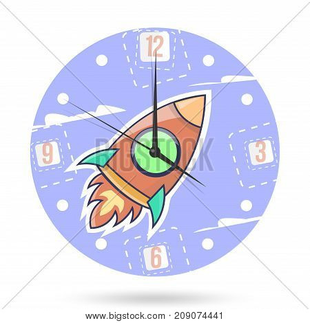 Clock face with a rocket isolated on white background. Kids illustration dial plate.