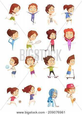 Kids sport decorative icons set with colored cartoon figurines of cute children who are engaged in various sports flat isolated vector illustration