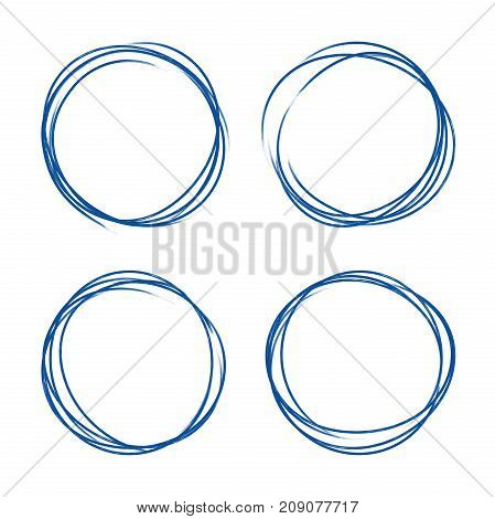 Set of hand drawn grunge style dark blue vintage ball pen scribbles on white paper background. Text logo or icons selection abstract frame concept.