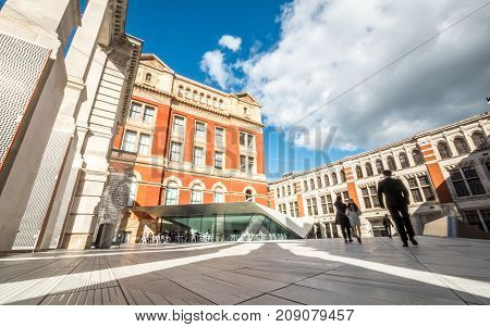 LONDON UK - 5 OCTOBER 2017: A low and wide angle view of the new Sackler Courtyard and Cafe which provides and entrance into the V&A Museum from Exhibition Road
