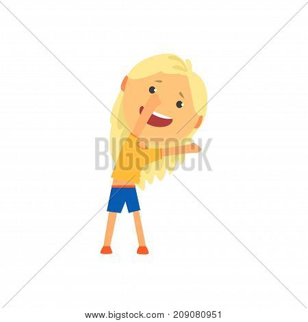Happy blonde girl doing sport exercise, incline to side, kids physical activity cartoon vector Illustration isolated on a white background