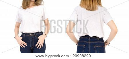 White t-shirt design mockup of female blond hair cotton with raw denim blue jeans fashion collection product blank front and back view on white isolated background