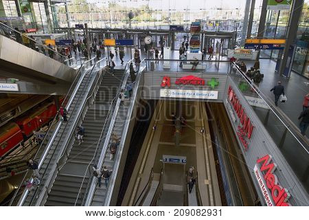 Berlin Germany - October 8 2017: View of interior of the central train station in Berlin Germany.