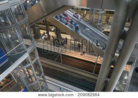 Berlin Germany - October 8 2017: View of interior of the central train station in Berlin Germany.