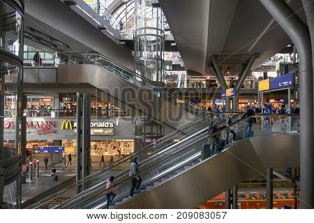 Berlin Germany - October 8 2017: View of interior of the central train station in Berlin Germany.