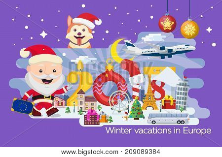 New Year and winter travel background. Christmas travel Europe winter town snow village. Traveling by plane and bus. The winter vacation. Santa Claus and the dog. Creative numbers 2018. Vector