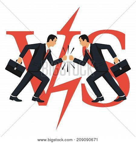 Versus concept. Vector illustration flat design. Isolated on white background. Two businessmen collided in battle. Dispute of people. Business conflict concept. VS.