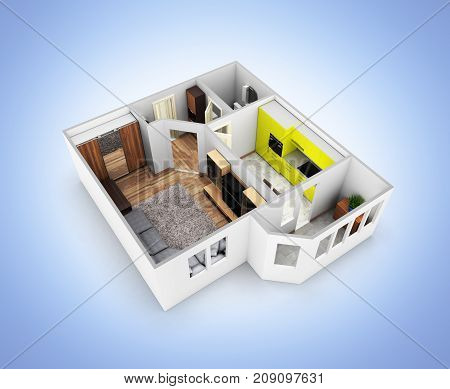 Interior Apartment Roofless Perspective View Apartment Layout Without Shadow On Blue Gradient Backgr