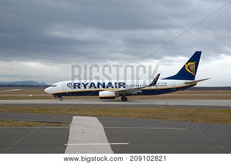 BUDAPEST, HUNGARY - DECEMBER 1, 2016: Airliner of Ryanair taxiing at Budapest Liszt Ferenc Airport. Ryanair is the largest low-cost airline in Europe