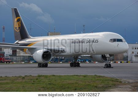 BUDAPEST, HUNGARY - DECEMBER 1, 2015: UPS Boeing 757 cargo plane at Budapest Liszt Ferenc International Airport