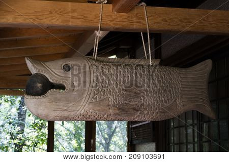 Kyoto, Japan - May 20, 2017: Traditional Gyoban Wooden Fish Gong in the Senko-ji temple, at KatsuraÃ¢??s upstream in Arashiyama