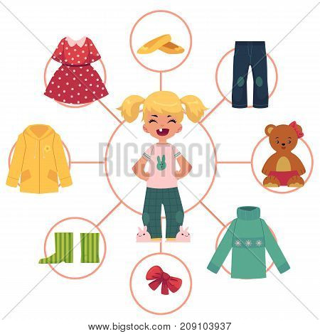 Little girl, child, kid in pajamas and her wardrobe, set of clothes, outfit, cartoon vector illustration isolated on white background. Front view portrait of little girl and her clothes infographics