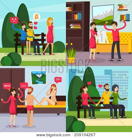 Love triangle, orthogonal flat concept with man thinking about mistress, treason scene, jealous woman isolated vector illustration