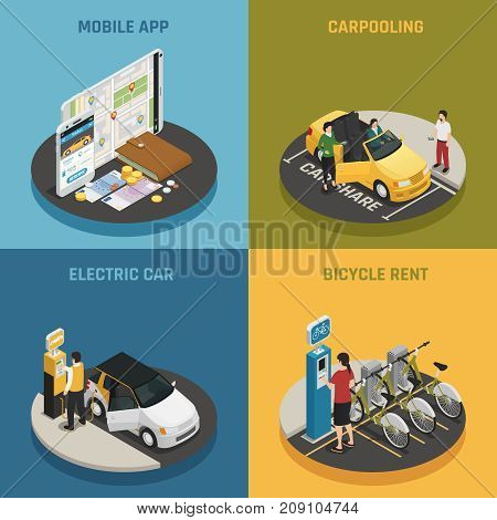 Carsharing 2x2 design concept with mobile app electric car bicycle rent and carpooling square icons isometric vector illustration