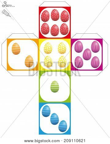 Easter egg dice template - do it yourself model of a cube with colored and patterned easter eggs instead of dice eyes - isolated vector illustration over white.