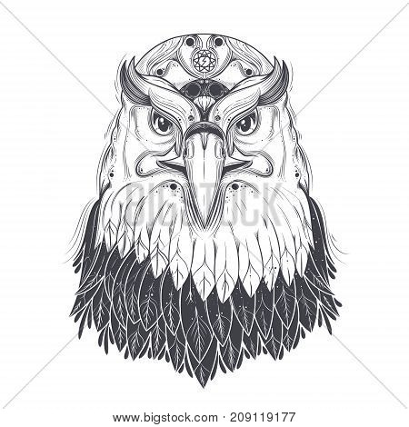 Bald eagle head with nine-pointed star and runic lightning bolt symbol on forehead line art drawn vector illustration isolated on white background. Predatory bird with pagan ornament for tattoo, print