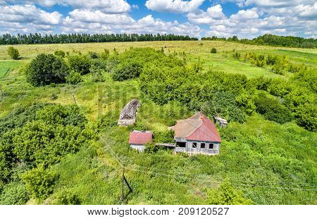 Typical abandoned house in Bolshoe Gorodkovo village. Kursk region of Russia