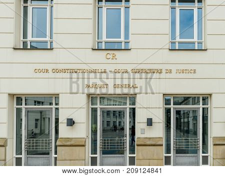 LUXEMBOURG LUXEMBOURG - JUN 5 2016: Main entrance of the Constitutional Court Superior Court of Justice General Prosecutor's Office of the Grand Duchy of Luxembourg view from Cite judiciaire Plateau du Saint Esprit