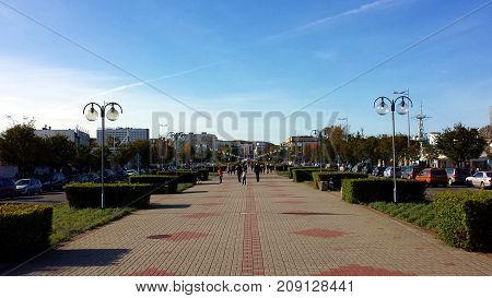 Gdynia, Poland - October 15, 2017: Kosciuszko Square in Gdynia, Poland. People walk on the pedestrian street in the center of 

Gdynia.