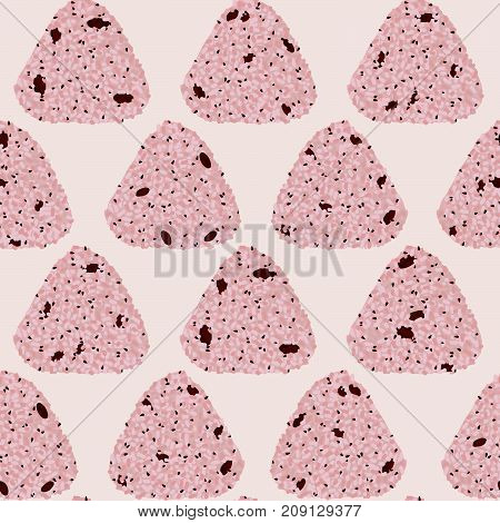 Onigiri seamless pattern. Sekihan. Asian snacks filled with Azuki beans and sesame seeds. Pink sticky rice balls. Japanese cuisine. Illustration. Lunch. Food background.