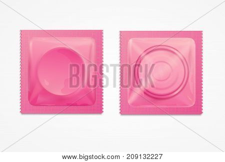 Realistic 3d Detailed Pink Condoms Package Back and Front Sides Contraception Method Love Care Concept. Vector illustration of Condom