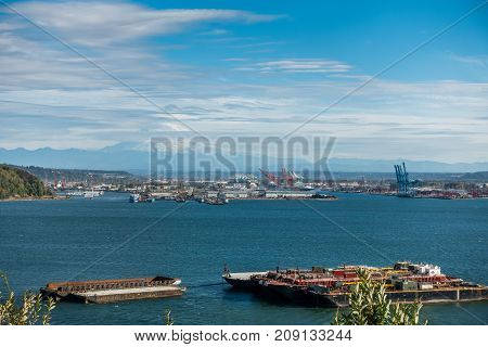 A view of the Port of Tacoma and Mount Rainier.