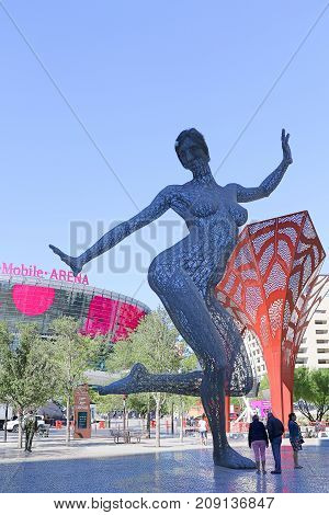 LAS VEGAS - October 07 : The Bliss Dance Sculpture display at the T-Mobile park in Las Vegas on October 07, 2017. The 40-foot-tall sculpture of a dancing woman created by artist Marco Cochrane.