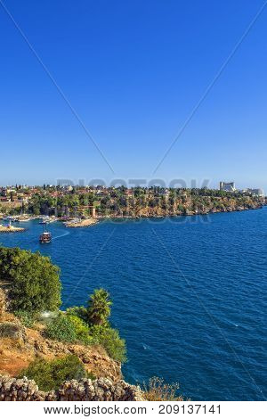 Panoramic view on a harbor in old town Kaleici. Antalya Turkey.