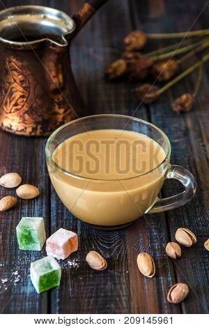 Turkish Pistachio Coffee Brewed In Turk With Milk, Pistachios And Turkish Delight