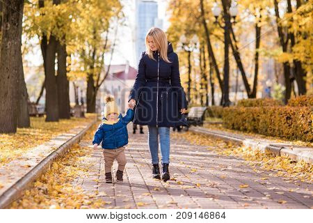 cute little boy with her mother walking in autumn in the park in the yellow foliage
