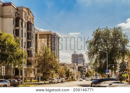 Belgorod Russia - September 29 2017: Street Prince Trubetskoy. Cityscape with a roadway residential apartments buildings and business office home.