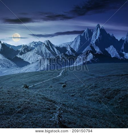 grassy slopes and rocky peaks composite. gorgeous summer landscape with magnificent mountain ridge over the pleasing green meadows. lovely surreal fantasy scenery at night in full moon light