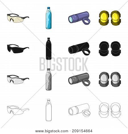 Equipment goggles, water bottle, flashlight on the bicycle handlebars, elbow pads. Cyclist outfit set collection icons in cartoon black monochrome outline style vector symbol stock isometric illustration .