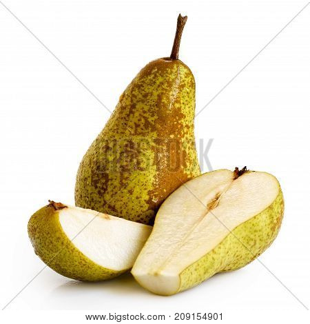 Single Abate Fetel Pear Next To A Half And A Slice Of Pear Isolated On White.