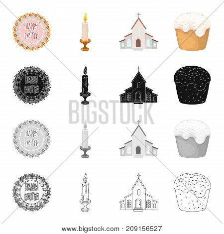 Signboard with happy Easter, burning candle, church. Easter cake set collection icons in cartoon black monochrome outline style vector symbol stock isometric illustration .
