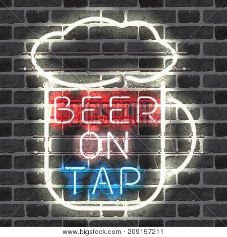 Glowing neon bar sign BEER ON TAP on brick background. Shining and glowing neon effect. All elements are separate units with wires, tubes, brackets and holders.