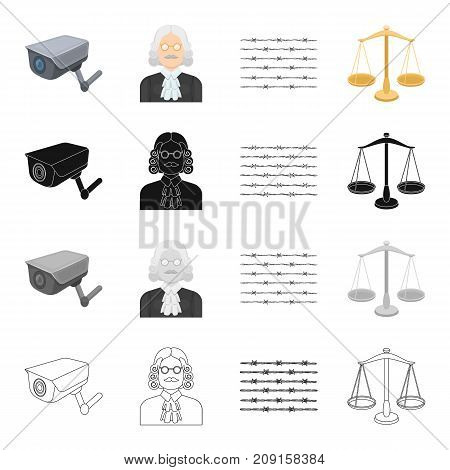 Barbed wire in prison, video surveillance, judge s appearance, scales of justice. Prison set collection icons in cartoon black monochrome outline style vector symbol stock isometric illustration .