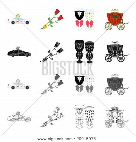 Wedding car, rose flowers, groom and bride decorations, retro coach. Wedding set collection icons in cartoon black monochrome outline style vector symbol stock isometric illustration .