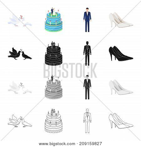 Pigeons, wedding cake, groom, bride s shoes. Wedding set collection icons in cartoon black monochrome outline style vector symbol stock isometric illustration .