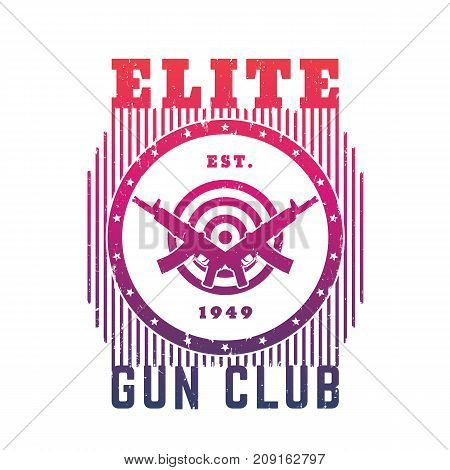 Gun club emblem with automatic guns and target, t-shirt print over white