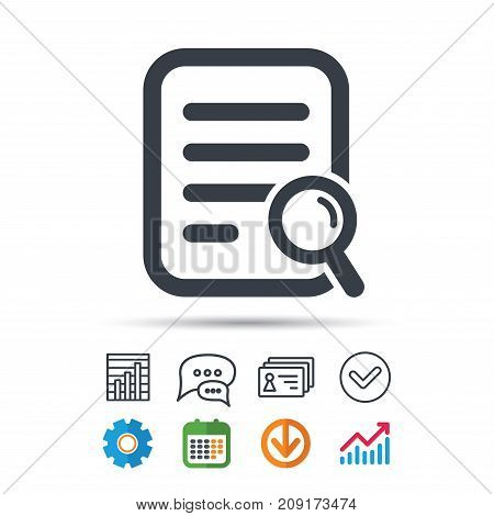 File search icon. Document page with magnifier tool symbol. Statistics chart, chat speech bubble and contacts signs. Check web icon. Vector