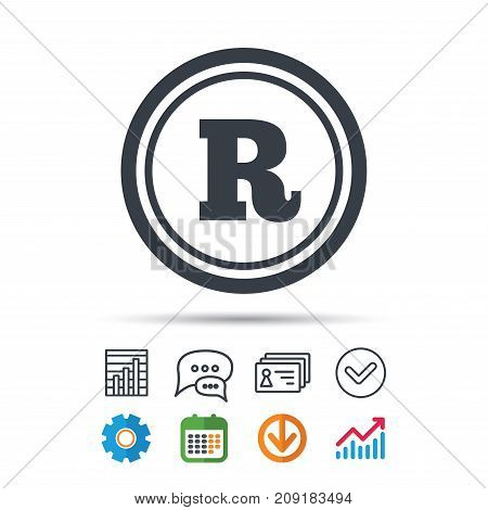 Registered trademark icon. Intellectual work protection symbol. Statistics chart, chat speech bubble and contacts signs. Check web icon. Vector